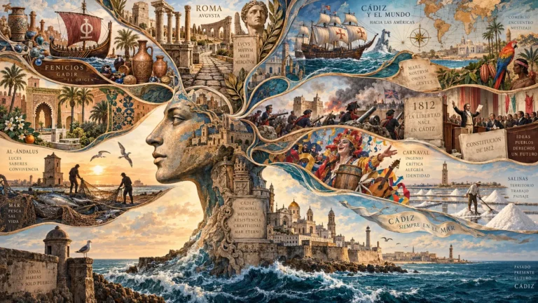 Collage histórico de Cádiz con fenicios, Roma, Al-Ándalus, comercio atlántico, Constitución de 1812, carnaval y salinas