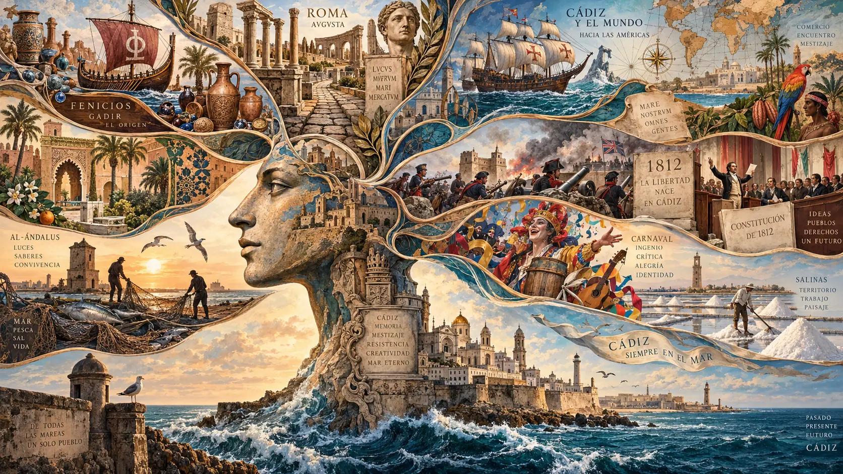 Collage histórico de Cádiz con fenicios, Roma, Al-Ándalus, comercio atlántico, Constitución de 1812, carnaval y salinas